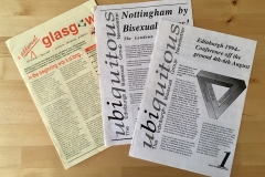 A Different Glasgow newsletter announcing GlasGay! Scotland's first gay and lesbian arts festival (1993).  And Uniquitous newletter announcing the 12th National Bisexual Conference in Edinburgh  (1994)